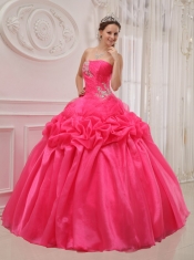 Coral Red Ball Gown Strapless Floor-length Organza and Taffeta Pleat and Beading Quinceanera Dress