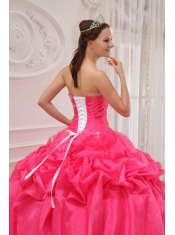 Coral Red Ball Gown Strapless Floor-length Organza and Taffeta Pleat and Beading Quinceanera Dress