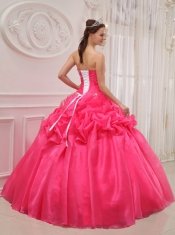 Coral Red Ball Gown Strapless Floor-length Organza and Taffeta Pleat and Beading Quinceanera Dress