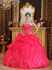 Coral Red Ball Gown Strapless Floor-length Organza Appliques Quinceanera Dress