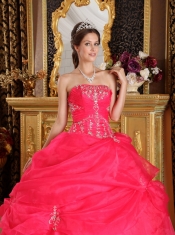 Coral Red Ball Gown Strapless Floor-length Organza Appliques Quinceanera Dress