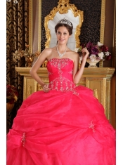 Coral Red Ball Gown Strapless Floor-length Organza Appliques Quinceanera Dress