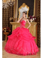 Coral Red Ball Gown Strapless Floor-length Organza Appliques Quinceanera Dress