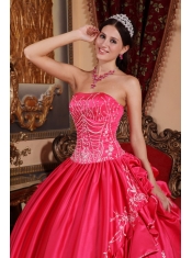 Coral Red Ball Gown Strapless Floor-length Satin and Taffeta Embroidery Quinceanera Dress