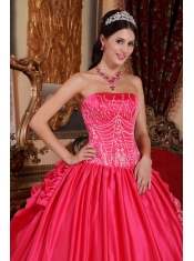 Coral Red Ball Gown Strapless Floor-length Satin and Taffeta Embroidery Quinceanera Dress