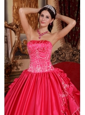 Coral Red Ball Gown Strapless Floor-length Satin and Taffeta Embroidery Quinceanera Dress