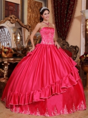 Coral Red Ball Gown Strapless Floor-length Satin and Taffeta Embroidery Quinceanera Dress