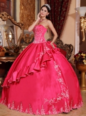 Coral Red Ball Gown Strapless Floor-length Satin and Taffeta Embroidery Quinceanera Dress