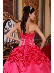 Coral Red Ball Gown Strapless Floor-length Satin and Taffeta Embroidery Quinceanera Dress