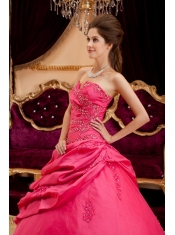 Coral Red Ball Gown Strapless Floor-length Taffeta Appliques Coral Red Quinceanera Dress