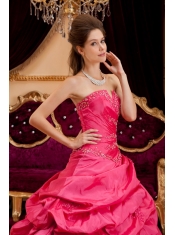 Coral Red Ball Gown Strapless Floor-length Taffeta Appliques Coral Red Quinceanera Dress