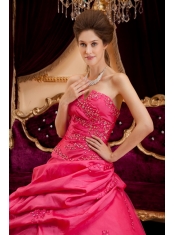 Coral Red Ball Gown Strapless Floor-length Taffeta Appliques Coral Red Quinceanera Dress