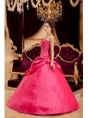 Coral Red Ball Gown Strapless Floor-length Taffeta Appliques Coral Red Quinceanera Dress