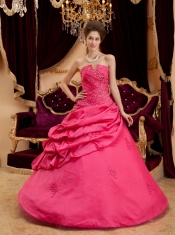 Coral Red Ball Gown Strapless Floor-length Taffeta Appliques Coral Red Quinceanera Dress