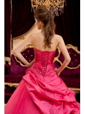 Coral Red Ball Gown Strapless Floor-length Taffeta Appliques Coral Red Quinceanera Dress