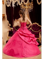 Coral Red Ball Gown Strapless Floor-length Taffeta Appliques Coral Red Quinceanera Dress