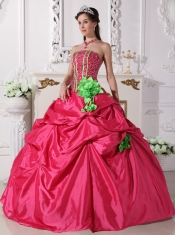 Coral Red Ball Gown Strapless Floor-length Taffeta Beading and Hand Made Flowers Quinceanera Dress