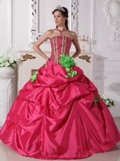 Coral Red Ball Gown Strapless Floor-length Taffeta Beading and Hand Made Flowers Quinceanera Dress