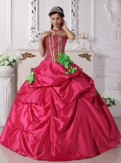 Coral Red Ball Gown Strapless Floor-length Taffeta Beading and Hand Made Flowers Quinceanera Dress
