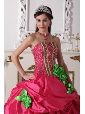 Coral Red Ball Gown Strapless Floor-length Taffeta Beading and Hand Made Flowers Quinceanera Dress