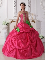 Coral Red Ball Gown Strapless Floor-length Taffeta Beading and Hand Made Flowers Quinceanera Dress
