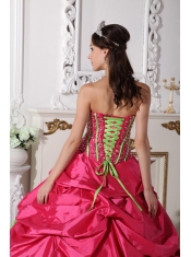 Coral Red Ball Gown Strapless Floor-length Taffeta Beading and Hand Made Flowers Quinceanera Dress