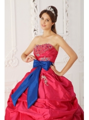 Coral Red Ball Gown Strapless Floor-length Taffeta Beading and Sash Quinceanera Dress