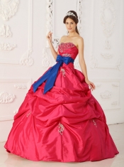 Coral Red Ball Gown Strapless Floor-length Taffeta Beading and Sash Quinceanera Dress