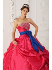 Coral Red Ball Gown Strapless Floor-length Taffeta Beading and Sash Quinceanera Dress