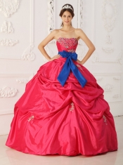 Coral Red Ball Gown Strapless Floor-length Taffeta Beading and Sash Quinceanera Dress