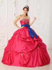 Coral Red Ball Gown Strapless Floor-length Taffeta Beading and Sash Quinceanera Dress