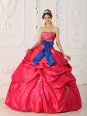 Coral Red Ball Gown Strapless Floor-length Taffeta Beading and Sash Quinceanera Dress