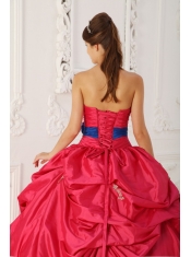 Coral Red Ball Gown Strapless Floor-length Taffeta Beading and Sash Quinceanera Dress