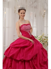 Coral Red Ball Gown Strapless Floor-length Taffeta Beading Quinceanera Dress