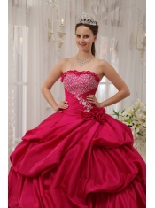 Coral Red Ball Gown Strapless Floor-length Taffeta Beading Quinceanera Dress