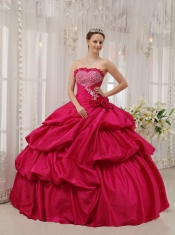 Coral Red Ball Gown Strapless Floor-length Taffeta Beading Quinceanera Dress