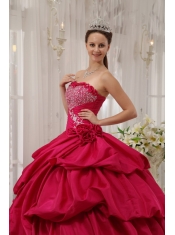 Coral Red Ball Gown Strapless Floor-length Taffeta Beading Quinceanera Dress