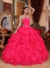 Coral Red Ball Gown Sweetheart Floor-length Organza Beading Quinceanera Dress