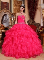 Coral Red Ball Gown Sweetheart Floor-length Organza Beading Quinceanera Dress