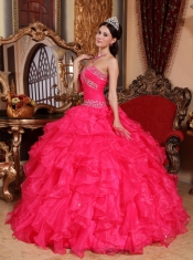 Coral Red Ball Gown Sweetheart Floor-length Organza Beading Quinceanera Dress