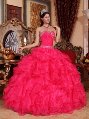 Coral Red Ball Gown Sweetheart Floor-length Organza Beading Quinceanera Dress