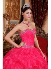 Coral Red Ball Gown Sweetheart Floor-length Organza Beading Quinceanera Dress