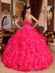 Coral Red Ball Gown Sweetheart Floor-length Organza Beading Quinceanera Dress