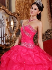 Coral Red Ball Gown Sweetheart Floor-length Organza Beading Quinceanera Dress
