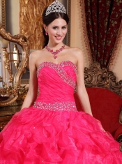Coral Red Ball Gown Sweetheart Floor-length Organza Beading Quinceanera Dress