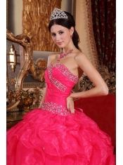 Coral Red Ball Gown Sweetheart Floor-length Organza Beading Quinceanera Dress