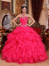 Coral Red Ball Gown Sweetheart Floor-length Organza Beading Quinceanera Dress
