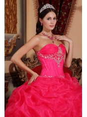 Coral Red Ball Gown Sweetheart Floor-length Organza Beading Quinceanera Dress