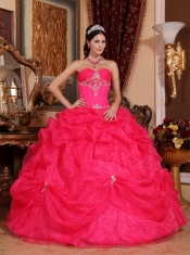 Coral Red Ball Gown Sweetheart Floor-length Organza Beading Quinceanera Dress