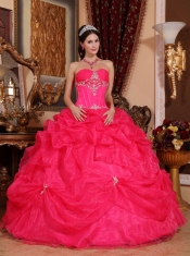 Coral Red Ball Gown Sweetheart Floor-length Organza Beading Quinceanera Dress